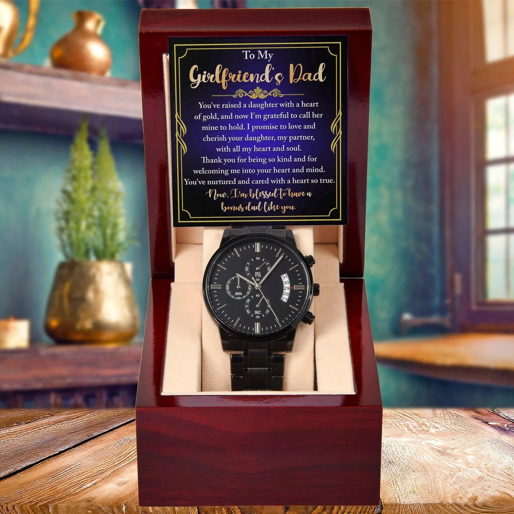 To My Girlfriend’s Dad – “Heart of Gold” Message Card & Black Chronograph Watch – Bonus Dad Gift for Father Figure, Birthday or Father’s Day