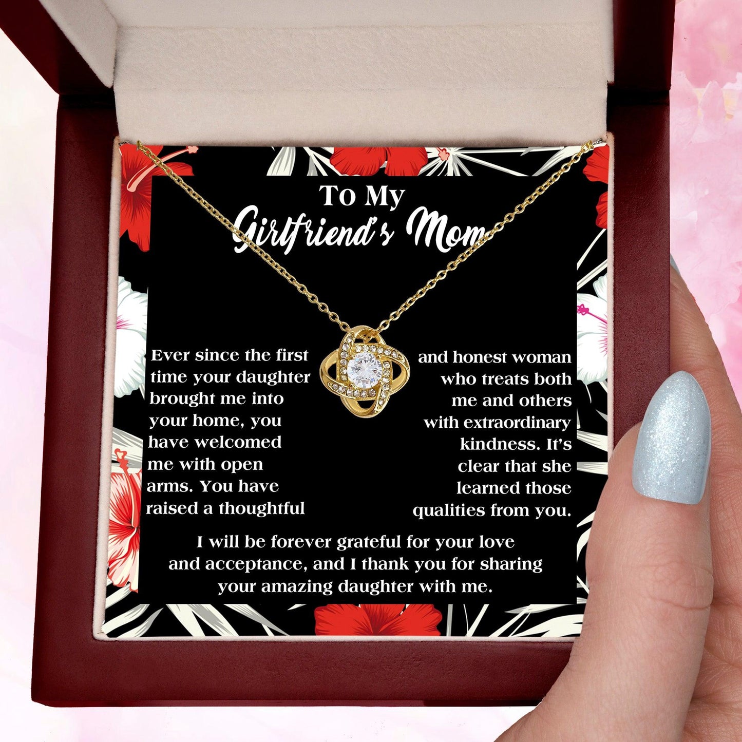 To My Girlfriend's Mom Thank You For Raising an Amazing Daughter Love Knot Pendant Necklace - Mallard Moon Gift Shop