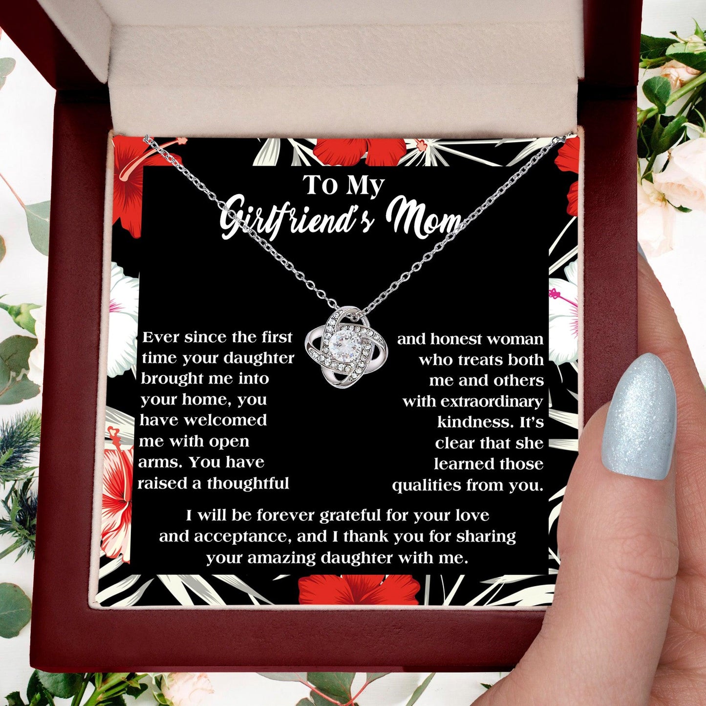 To My Girlfriend's Mom Thank You For Raising an Amazing Daughter Love Knot Pendant Necklace - Mallard Moon Gift Shop