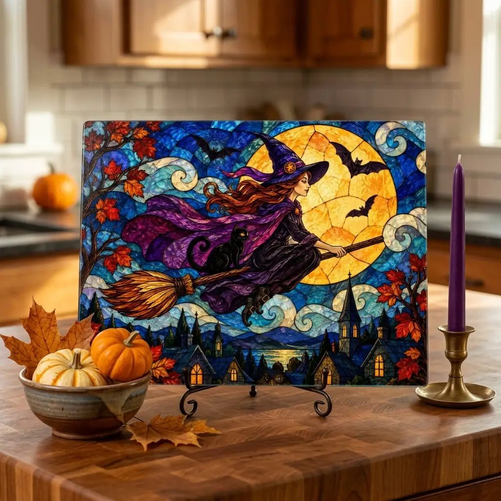 Halloween Flying Witch Personalized Glass Cutting Board, Spooky Pumpkin Kitchen Decor