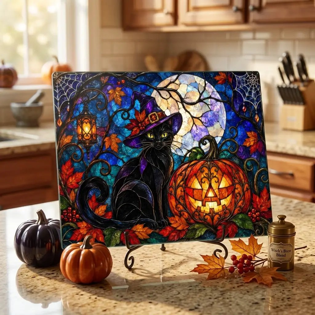 Halloween Black Witch Cat Personalized Glass Cutting Board, Spooky Pumpkin Kitchen Decor