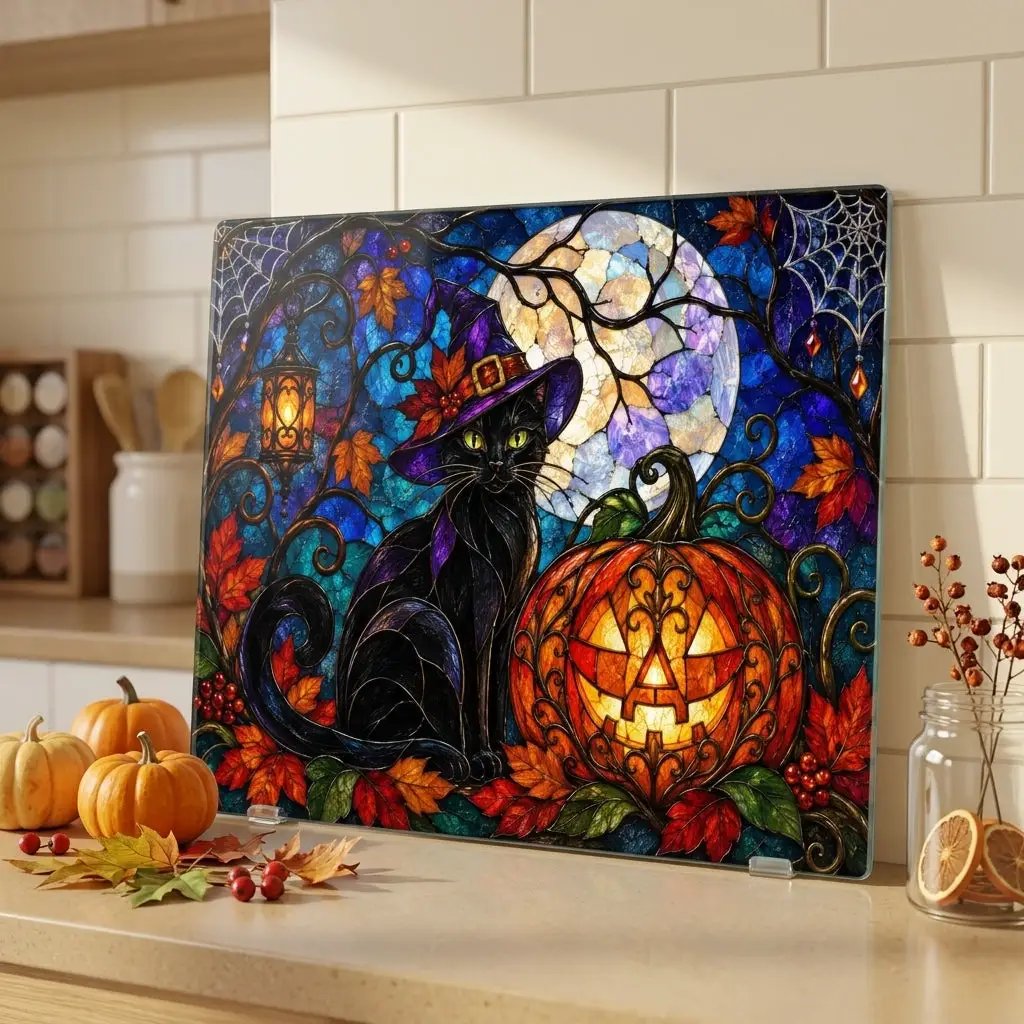 Halloween Black Witch Cat Personalized Glass Cutting Board, Spooky Pumpkin Kitchen Decor
