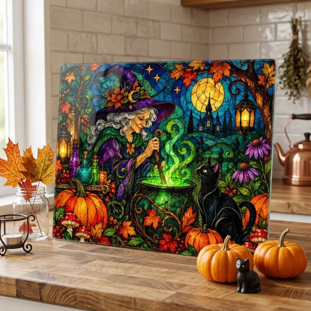 Halloween Witch Cauldron Personalized Glass Cutting Board, Spooky Black Cat Kitchen Decor