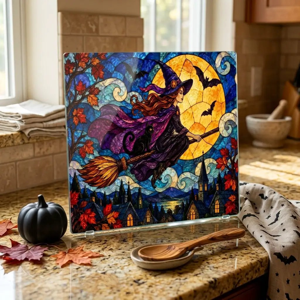 Halloween Flying Witch Personalized Glass Cutting Board, Spooky Pumpkin Kitchen Decor