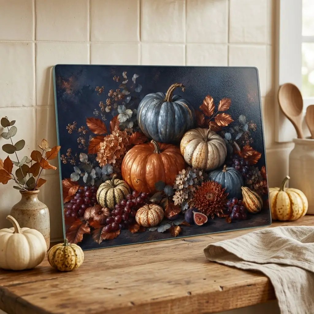 Blue Pumpkin Glass Cutting Board, Elegant Fall Kitchen Decor, Autumn Harvest Cutting Board, Thanksgiving Kitchen Gift