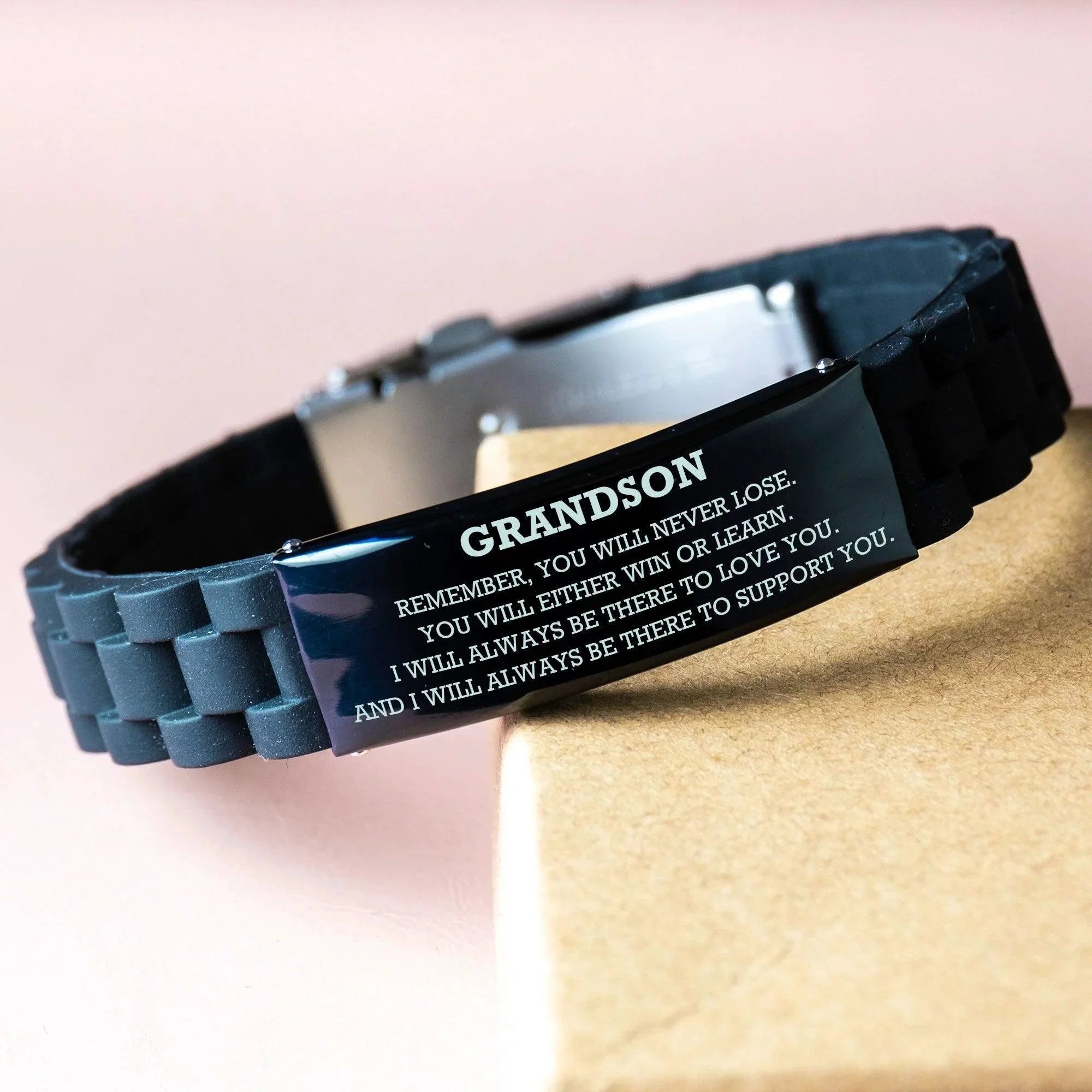 Grandson Black Glide Lock Bracelet, Remember, You Will Never Lose. , Leather Engraved Bracelets for your Grandson, Birthday, or Christmas, Inspirational Gifts Ideas