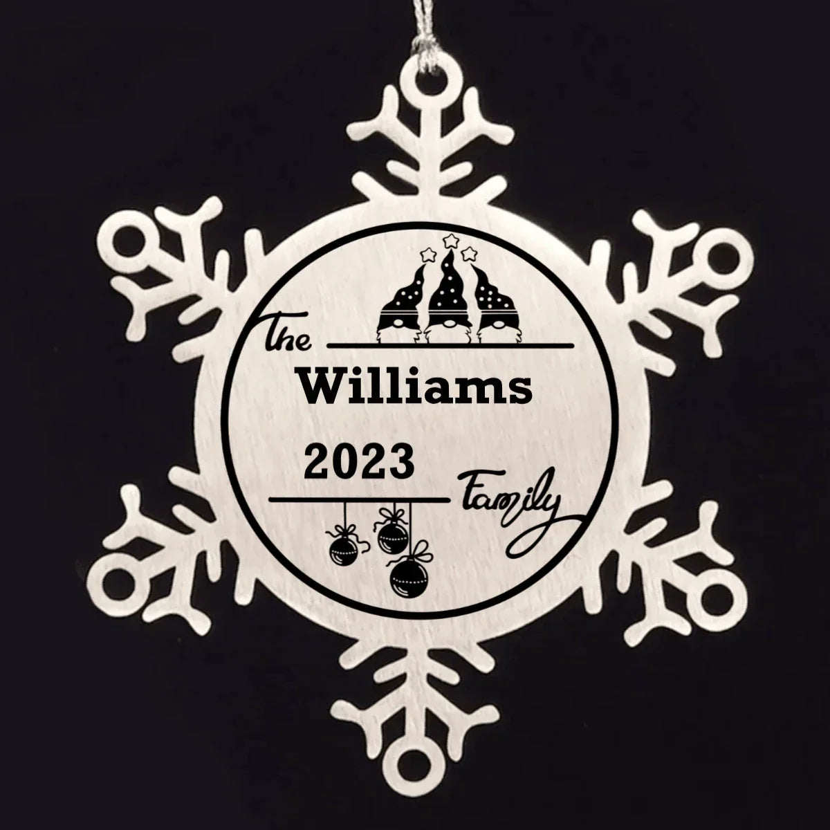 Personalized 3 Gnome Family Snowflake Ornament – Custom Stainless Steel Christmas Keepsake with Gift Bag – Engraved Names & Dates Holiday Decor for Family, Friends, Couples