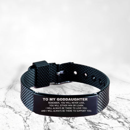 Goddaughter Gifts, To My Goddaughter Remember, you will never lose. You will either WIN or LEARN, Keepsake Black Shark Mesh Bracelet For Goddaughter Engraved, Birthday Christmas Gifts Ideas For Goddaughter X-mas Gifts - Mallard Moon Gift Shop