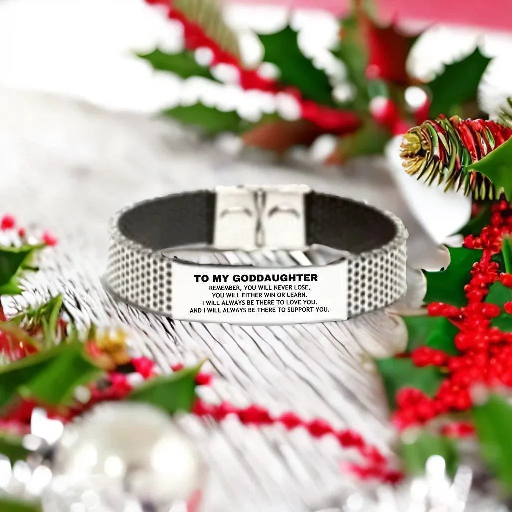 Goddaughter Gifts, To My Goddaughter Remember, you will never lose. You will either WIN or LEARN, Keepsake Stainless Steel Bracelet For Goddaughter Engraved, Birthday Christmas Gifts Ideas For Goddaughter X-mas Gifts