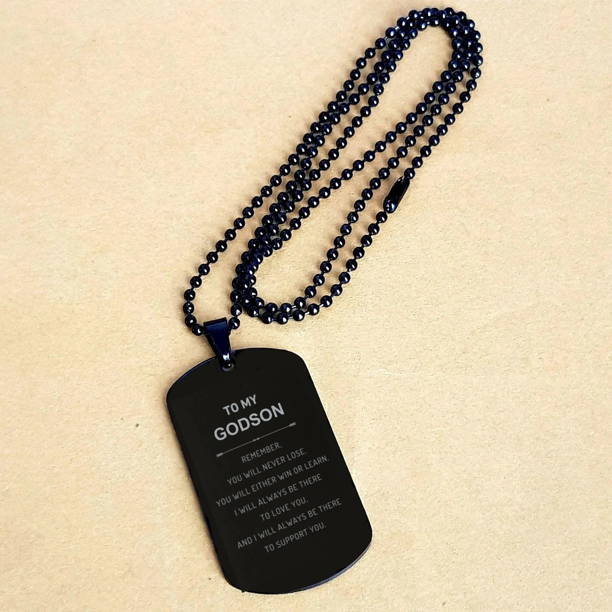Godson Gifts, To My Godson Remember, you will never lose. You will either WIN or LEARN, Keepsake Black Dog Tag For Godson Engraved, Birthday Christmas Gifts Ideas For Godson X-mas Gifts