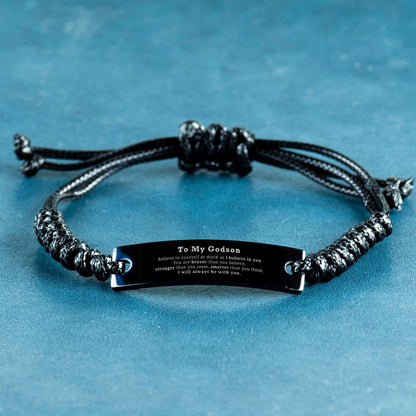 Godson Black Rope Bracelet Gifts, To My Godson You are braver than you believe, stronger than you seem, Inspirational Gifts For Godson Engraved, Birthday, Christmas Gifts For Godson Men Women - Mallard Moon Gift Shop