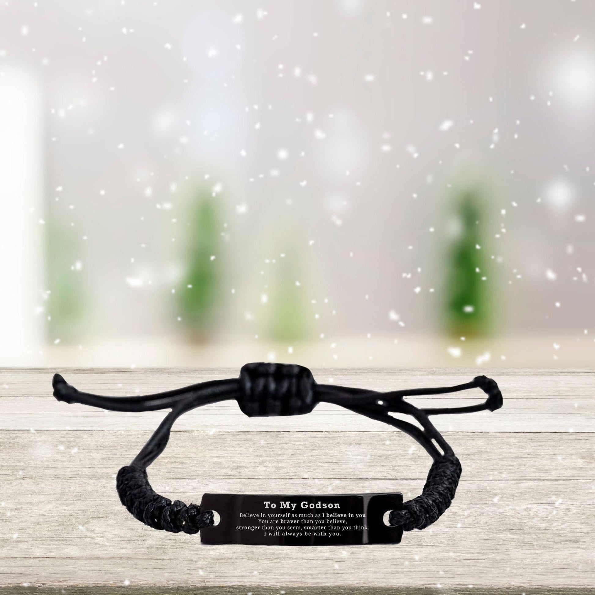 Godson Black Rope Bracelet Gifts, To My Godson You are braver than you believe, stronger than you seem, Inspirational Gifts For Godson Engraved, Birthday, Christmas Gifts For Godson Men Women - Mallard Moon Gift Shop