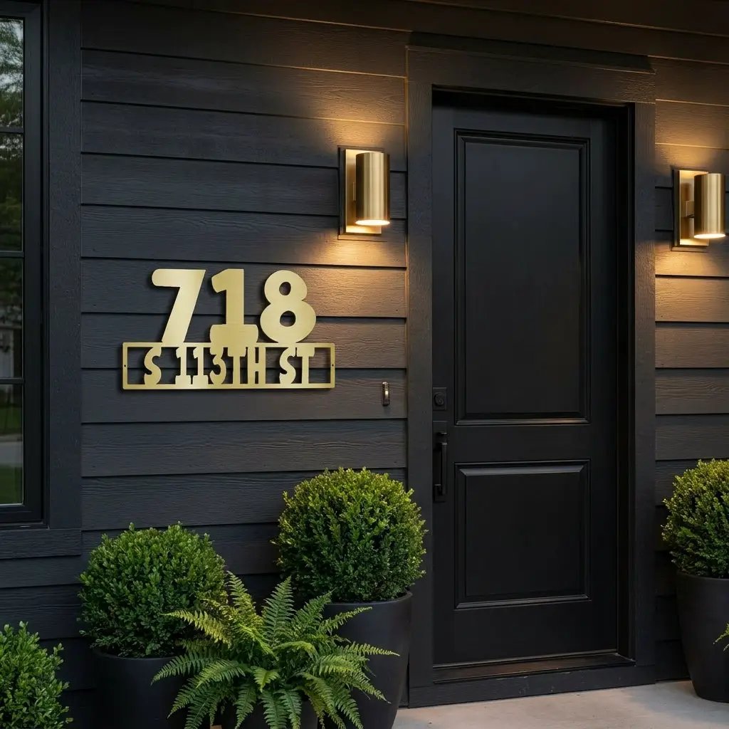 Personalized Metal Address Sign – Custom House Number Steel Wall Art – Modern Farmhouse Address Plaque – Outdoor Powder Coated Home Decor