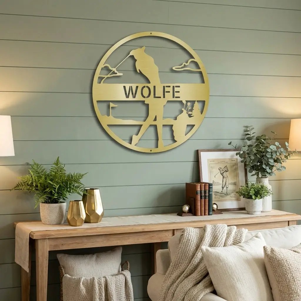 Custom Female Golfer Metal Sign – Personalized Name Wall Art – Round Golf Scene – Laser Cut Steel