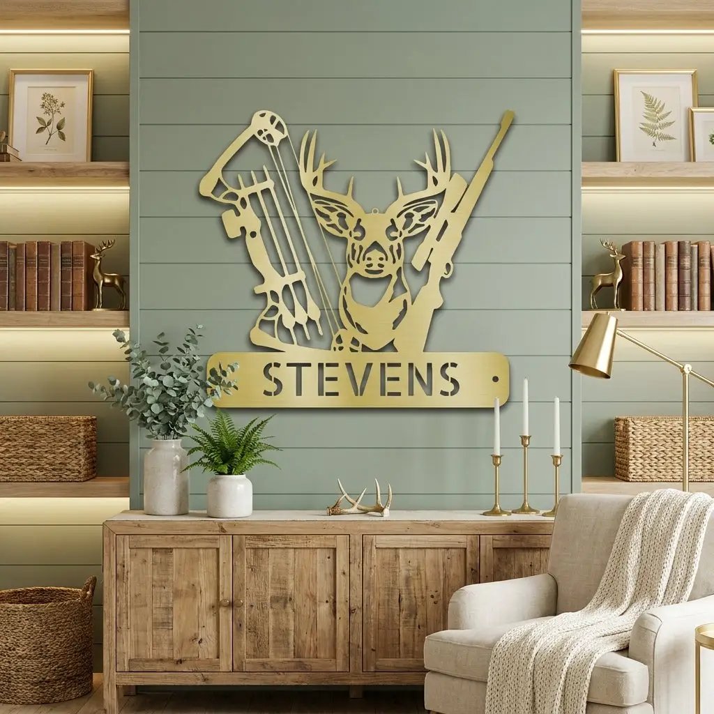 Personalized Deer Hunting Metal Wall Art Custom Hunter Name Sign Buck Head Bow Rifle Decor Rustic Cabin Hunting Gift Outdoor Wall Decor