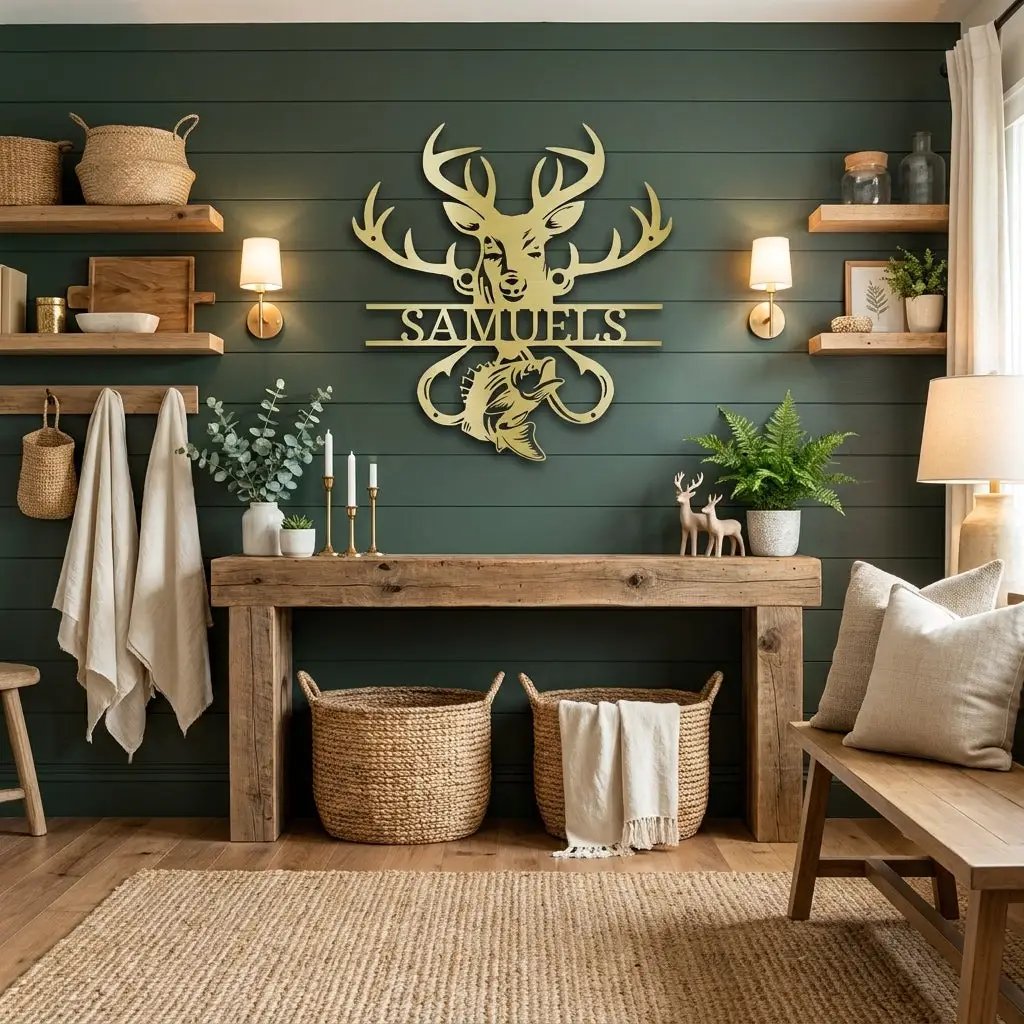 Outdoorsman Custom Metal Wall Art Deer Hunting and Bass Fishing Sign Custom Name Rustic Cabin Decor Hunter Fisherman Gift