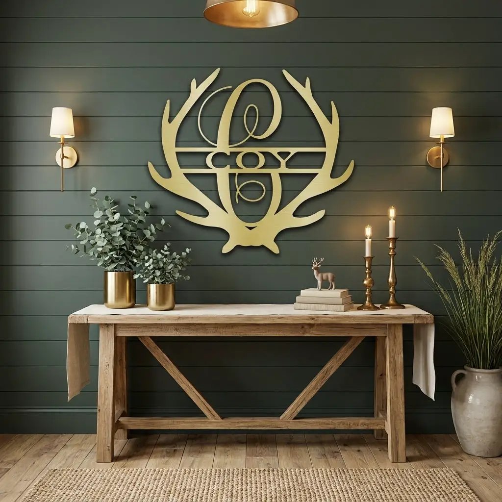 Personalized Deer Antler Family Name Metal Sign – Rustic Last Name Monogram Wall Art – Cabin Lodge Decor Gift