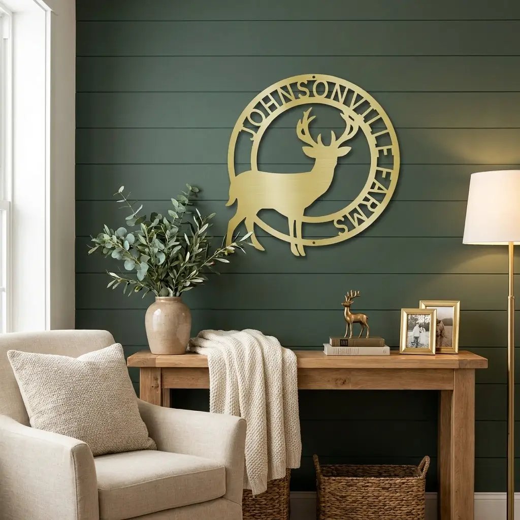 Personalized Deer Family Name Metal Sign – Custom Last Name Circle Wall Art – Rustic Farmhouse Home Decor Gift