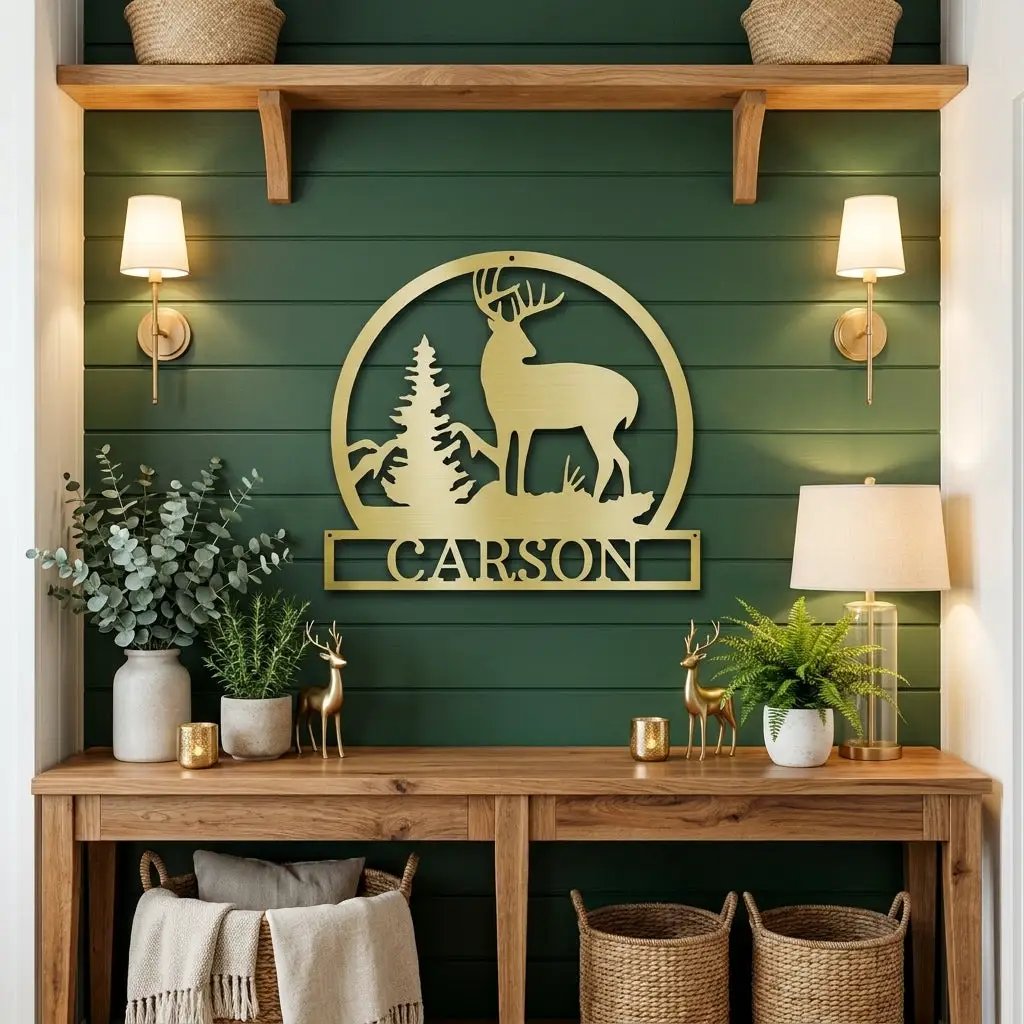 Personalized Deer Scene Metal Sign – Custom Last Name Wall Art – Rustic Cabin Forest Decor Gift