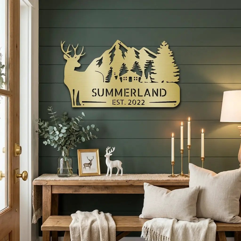 Personalized Deer Mountain Cabin Metal Sign – Custom Family Name Wilderness Wall Art – Rustic Lodge Decor with Trees & Mountains