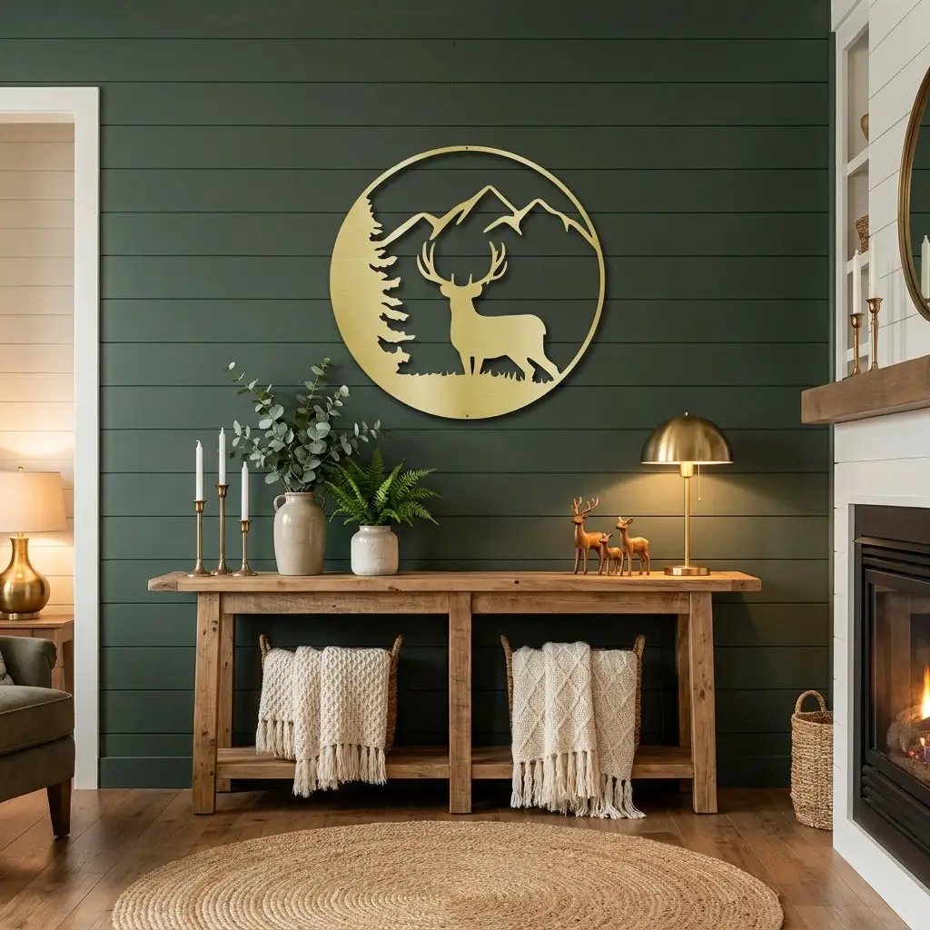 Deer Mountain Metal Wall Art – Rustic Wildlife Circle Sign – Forest & Cabin Lodge Decor – Stag Silhouette Steel Wall Hanging