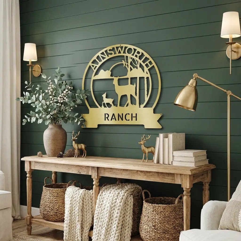 Personalized Deer Ranch Metal Sign – Doe & Fawn Sunset Wall Art – Custom Family Name & Ranch Name Sign – Rustic Farmhouse Lodge Decor