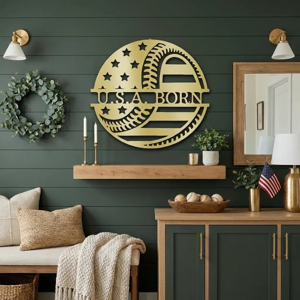 Baseball American Flag Custom Name Metal Art Wall Sign
