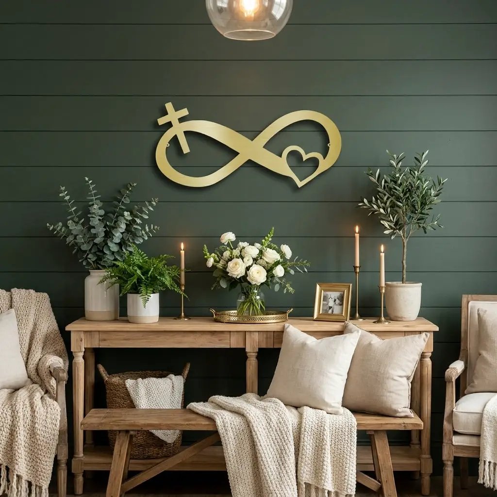 Infinity Cross and Heart Metal Wall Art – Christian Faith Inspired Indoor/Outdoor Sign – Laser Cut Powder-Coated Steel, Elegant Religious Home Décor (Multiple Sizes & Colors)