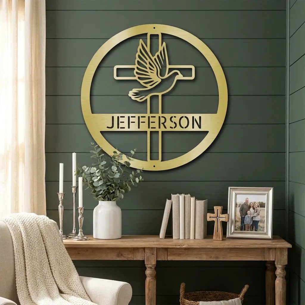 Personalized Cross & Dove Metal Wall Art – Custom Family Name Christian Steel Sign – Faith Based Farmhouse Wall Decor