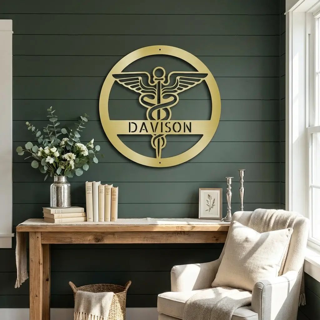 Personalized Medical Symbol Metal Wall Art – Custom Caduceus Steel Sign – Doctor Nurse Healthcare Professional Gift Decor