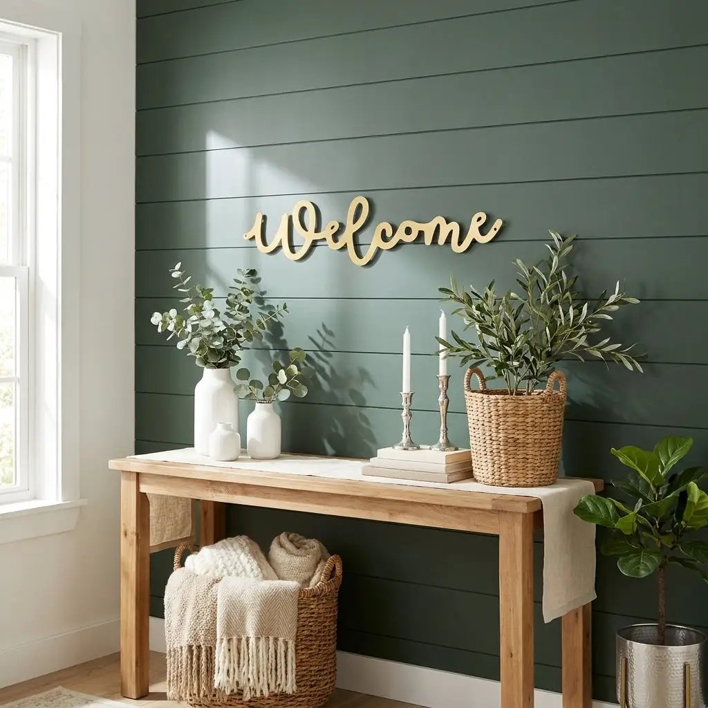 Welcome Script Metal Wall Art – Modern Farmhouse Welcome Sign – Minimalist Entryway Steel Decor for Porch, Foyer & Living Room