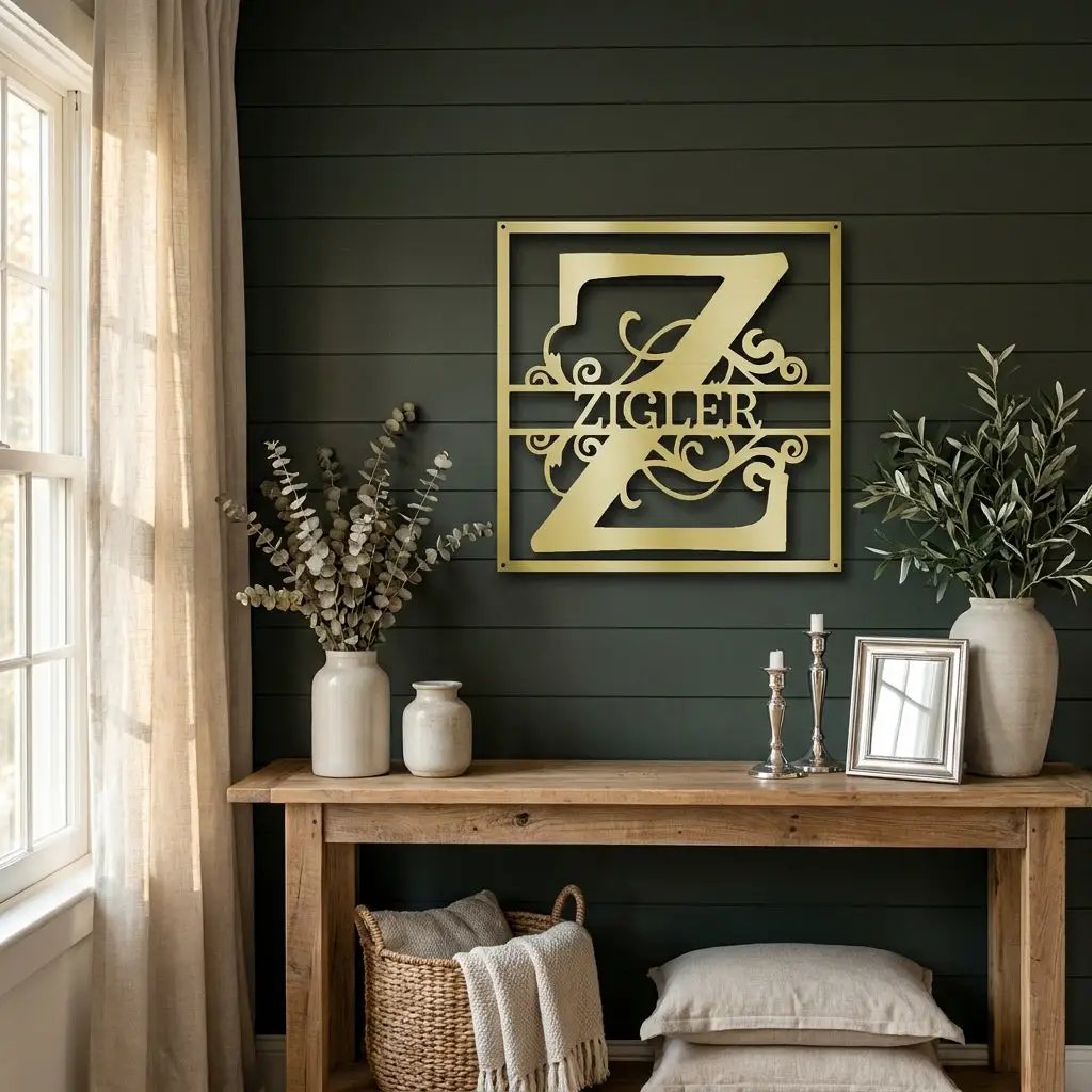 Personalized Monogram Metal Wall Art – Custom Family Name Sign – Square Metal Wall Decor – Farmhouse Last Name Steel Sign