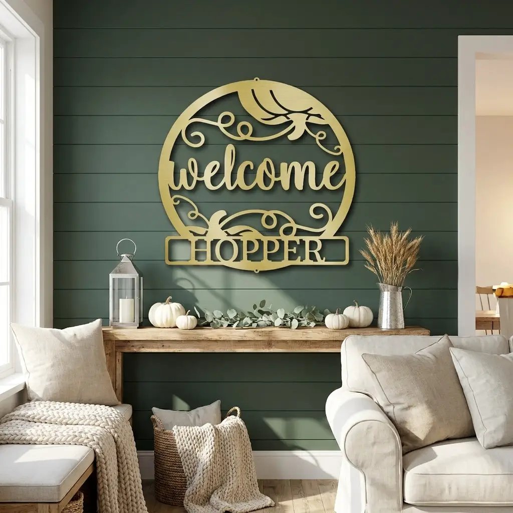 Personalized Pumpkin Metal Wall Art – Welcome Fall Sign with Family Name – Rustic Autumn Decor – Custom Front Door Pumpkin Sign – Farmhouse Fall Decor