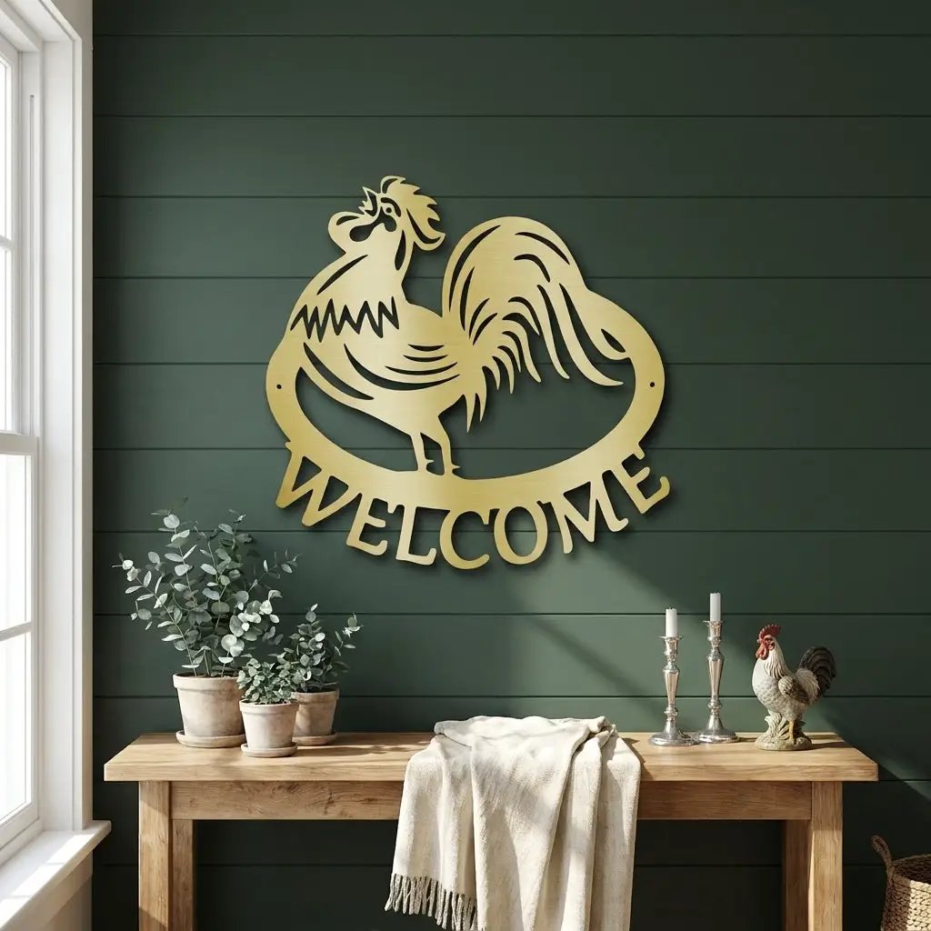 Welcome Rooster Metal Wall Art – Farmhouse Chicken Decor – Rustic Kitchen Wall Sign – Country Home Decor – Farmhouse Porch Sign