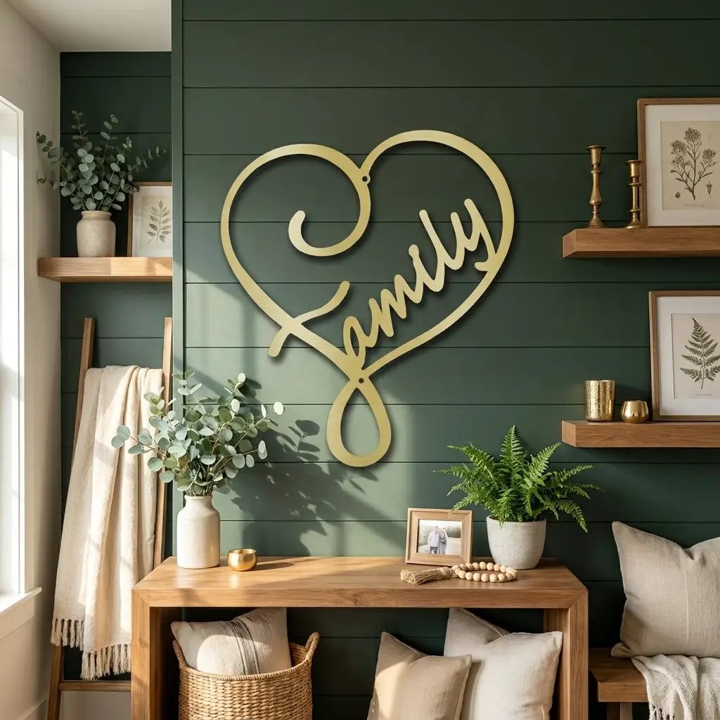 Family Name Heart Metal Wall Art Sign – Custom Steel Family Love Monogram – Laser Cut Amish Crafted Metal Home Decor
