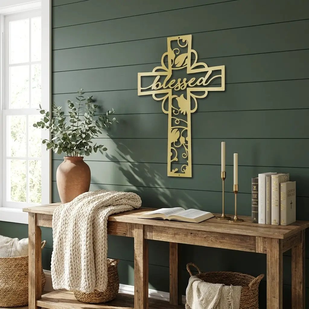 Blessed Cross Metal Wall Art | Christian Floral Cross Decor | Inspirational Faith Wall Hanging