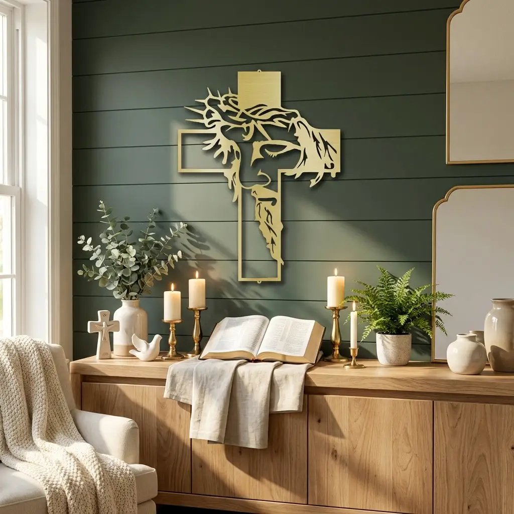 Jesus Crown of Thorns Steel Cross Sign Christian Metal Wall Decor Made in USA