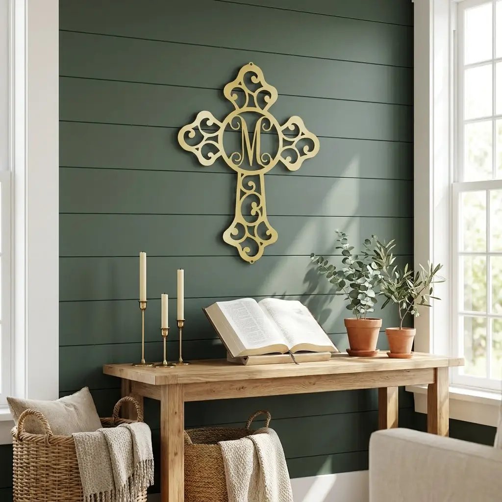 Personalized Initial Cross Metal Wall Art | Custom Monogram Christian Cross Decor | Ornate Faith Wall Hanging