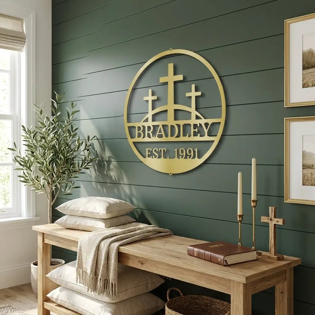 Personalized Three Crosses Metal Wall Art | Christian Family Name Sign | Faith Based Farmhouse Decor