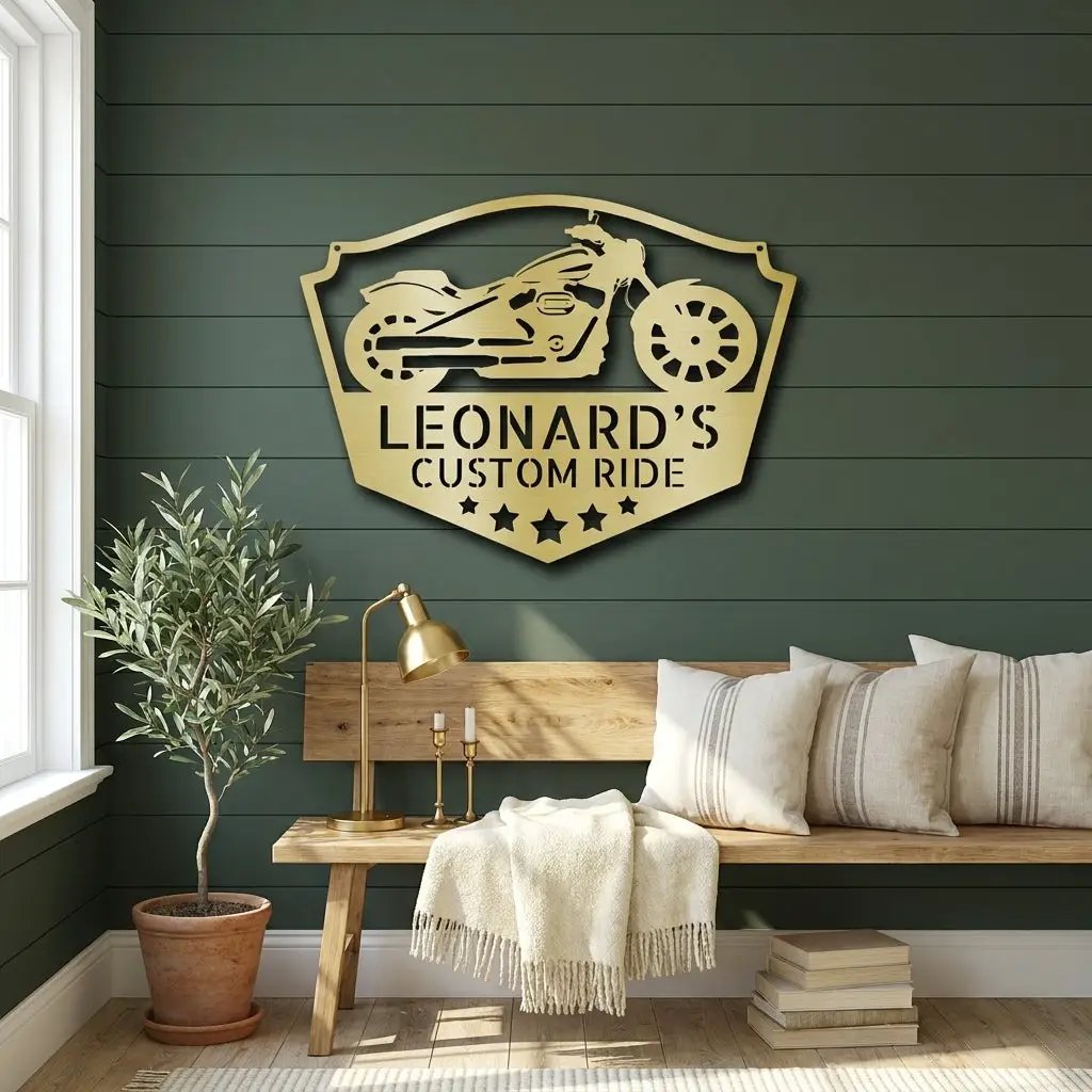 Chopper Motorcycle Shop Custom Name Monogram Indoor Outdoor Steel Wall Sign