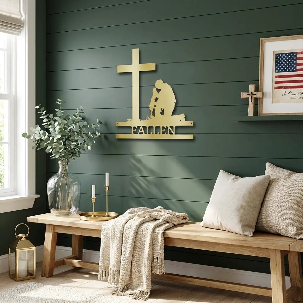 Personalized Fallen Soldier Memorial Metal Wall Art | Military Remembrance Cross Decor | Veteran Tribute Sign