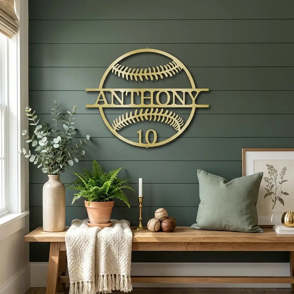 Personalized Baseball Metal Wall Art | Custom Name and Number Baseball Sign | Player Room Decor