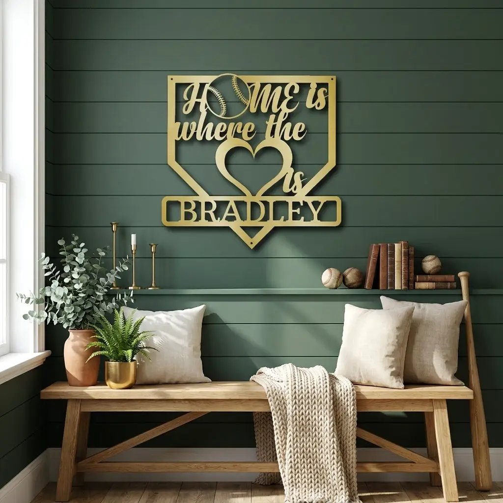Personalized Baseball Home Plate Metal Wall Art | Custom Family Name Baseball Sign | Baseball Lover Home Decor