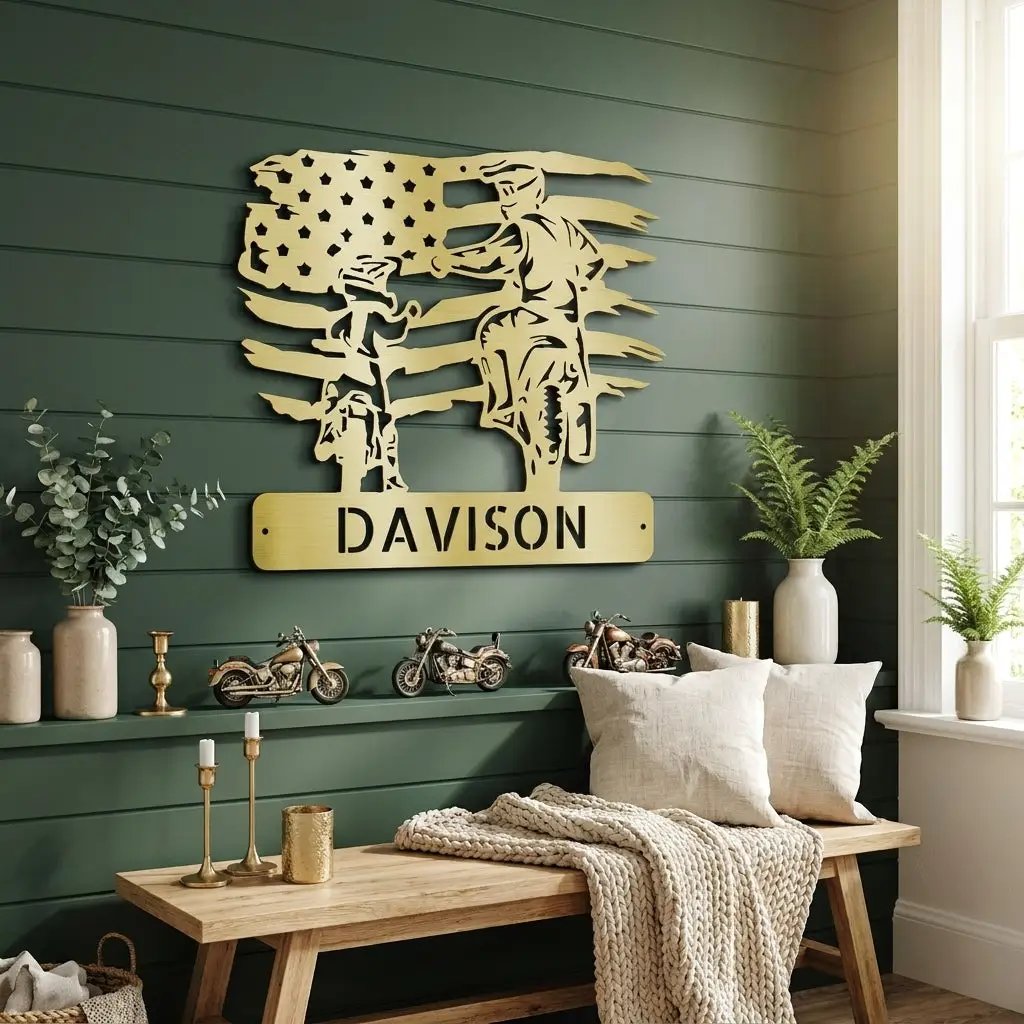 Personalized American Father & Son Motorcycle Metal Wall Art | Patriotic Biker Family Sign | Custom USA Motorcycle Decor