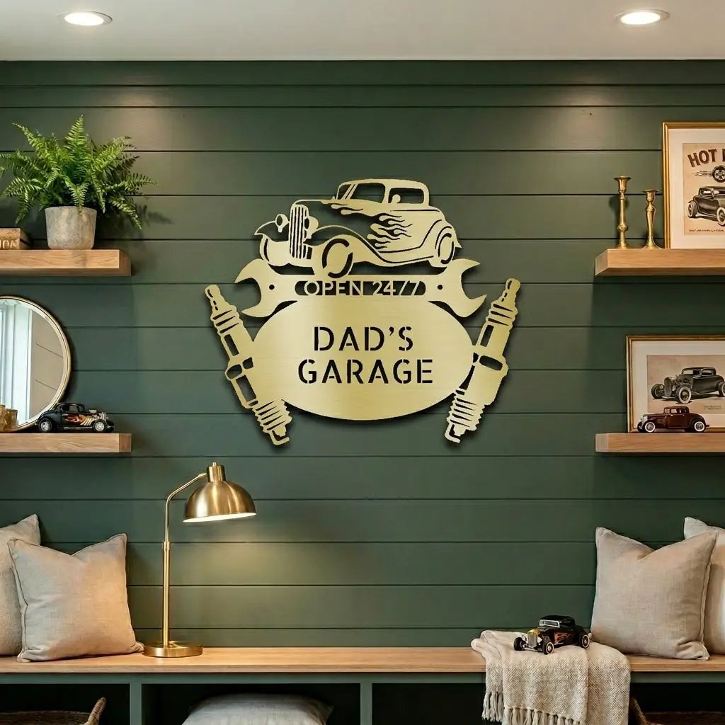 Personalized Hot Rod Metal Sign – Custom Car Garage Sign – Classic Car Wall Art – Mechanic Decor – Custom Name Garage Sign