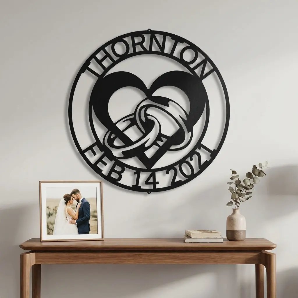 Personalized Engagement Rings Metal Wall Art Sign – Custom Couple Name and Date Steel Decor – Wedding Engagement Gift – Indoor Outdoor Powder Coated Sign