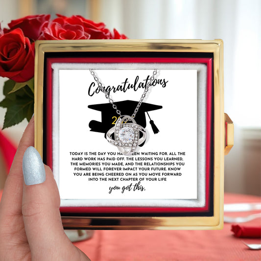 Congratulations Graduation Gift for Her – Rotating Rose Love Knot Necklace with Heartfelt Message Card – Class of 2025 Jewelry for Daughter, Granddaughter, Niece or Friend