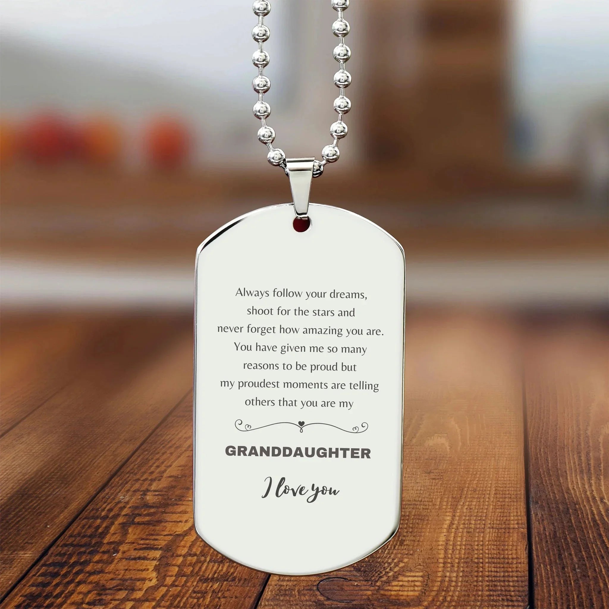 Granddaughter Engraved Silver Dog Tag Necklace, Motivational Heartfelt Birthday, Christmas Holiday Gifts For Granddaughter, You are Braver than you Believe, Loved More than you Know