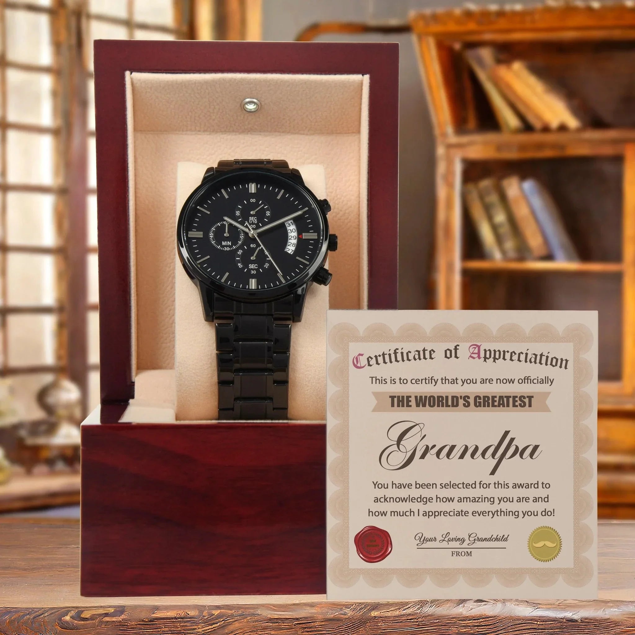 Certificate of Appreciation for the World's Greatest Grandpa Black Chronograph Watch