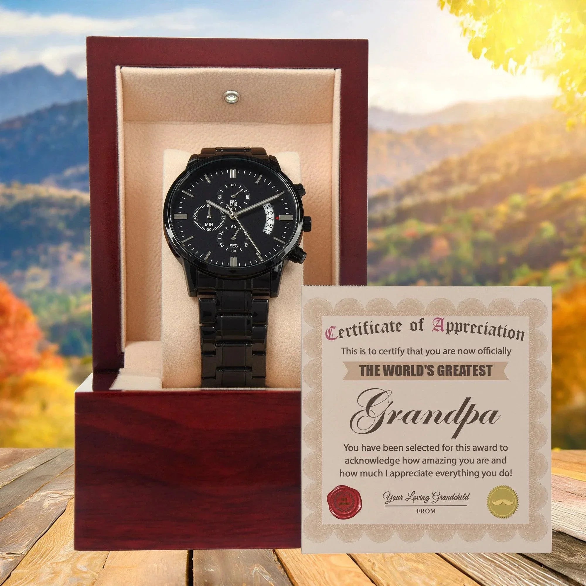 Certificate of Appreciation for the World's Greatest Grandpa Black Chronograph Watch
